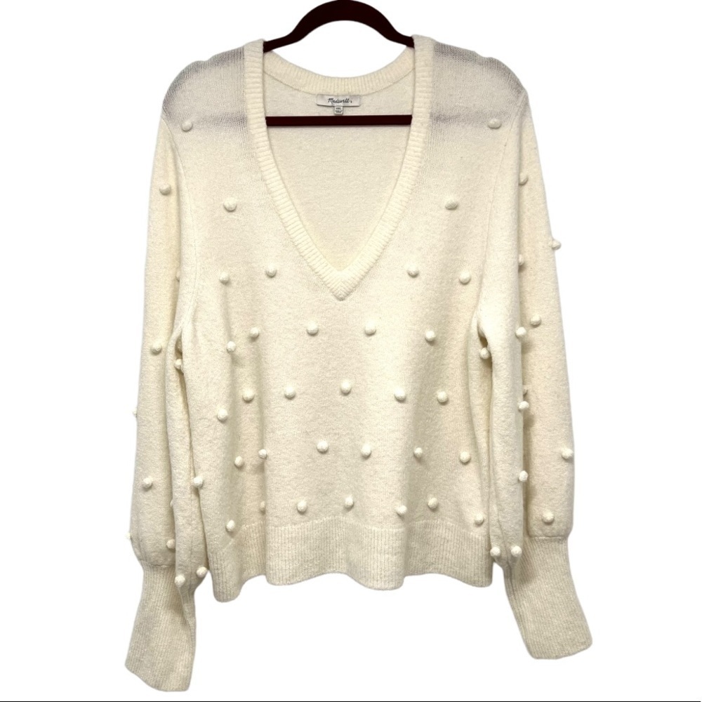 Madewell Dashwood Ivory Bobble V Neck Puff Sleeve Wool Blend Sweater Women XXL - Picture 8 of 13